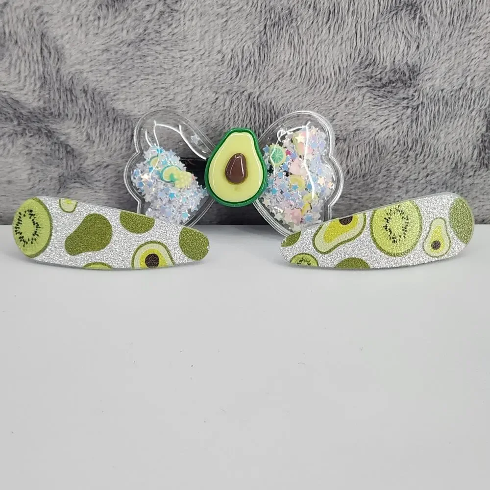 3 pc Avocado Theme Hair Accessories Glittery Bow with Avocado Charm & Snap Clips